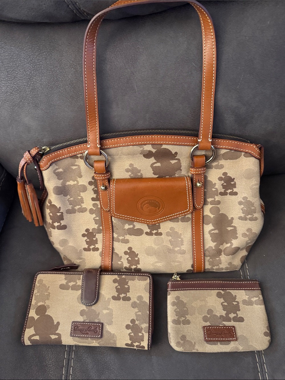 Dooney & Bourke Brown and Tan Mickey Canvas Tote with Wallets Set